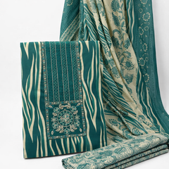 Morden Super Teal Printed Cotton Suit Set with Embroidered Kurta, Floral Dupatta & Bottom