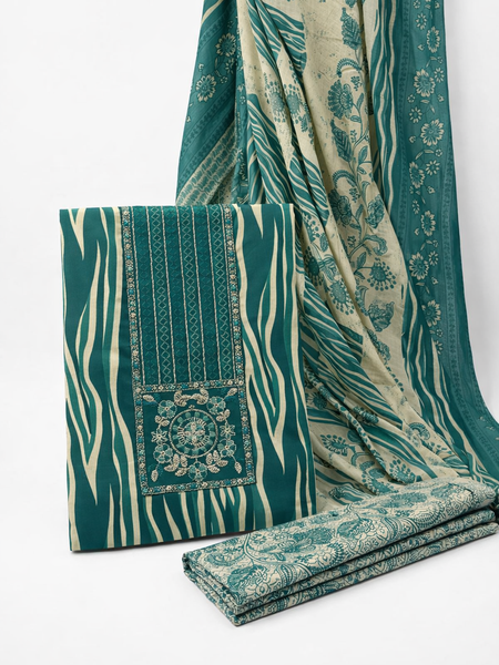 Morden Super Teal Printed Cotton Suit Set with Embroidered Kurta, Floral Dupatta & Bottom