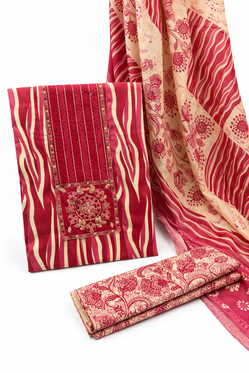Morden Super Vibrant Red Printed Suit Set with Embroidered Panel & Elegant Dupatta