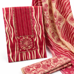 Morden Super Vibrant Red Printed Suit Set with Embroidered Panel & Elegant Dupatta