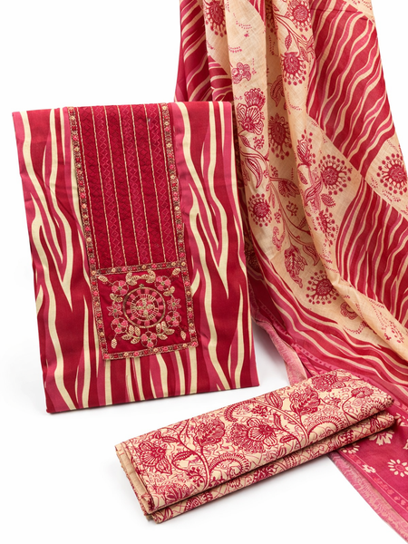 Morden Super Vibrant Red Printed Suit Set with Embroidered Panel & Elegant Dupatta