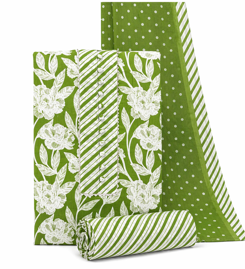 Morden Super Green Floral Printed Cotton Kurta Set with Striped Pants & Dupatta