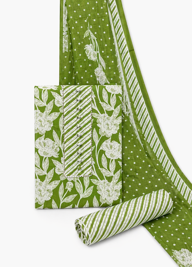 Morden Super Green Floral Printed Cotton Kurta Set with Striped Pants & Dupatta