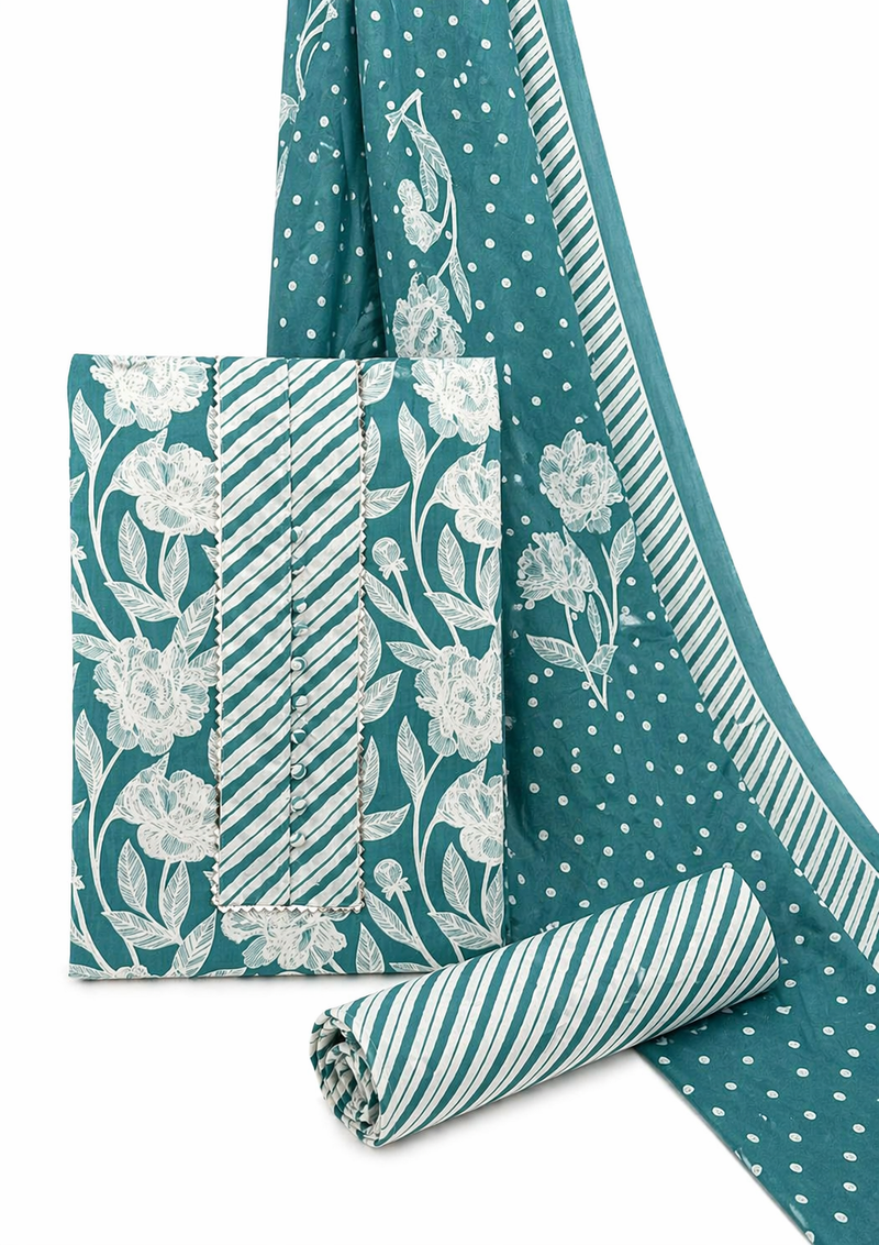 Morden Super Teal Green Floral Printed Cotton Kurta Set with Striped Pants & Dupatta