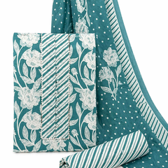 Morden Super Teal Green Floral Printed Cotton Kurta Set with Striped Pants & Dupatta
