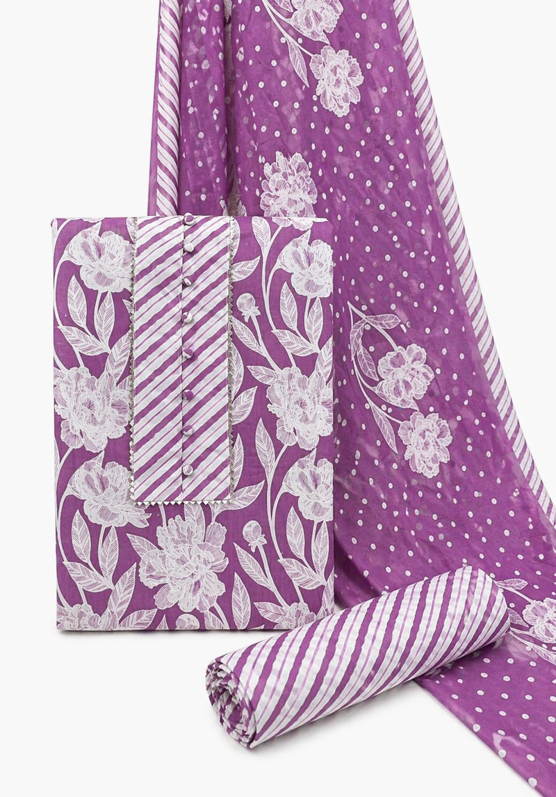 Morden Super Purple Floral Printed Cotton Kurta Set with Striped Pants & Dupatta