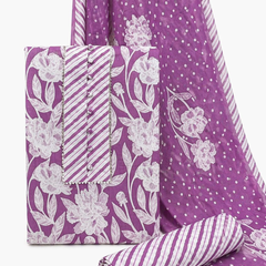 Morden Super Purple Floral Printed Cotton Kurta Set with Striped Pants & Dupatta