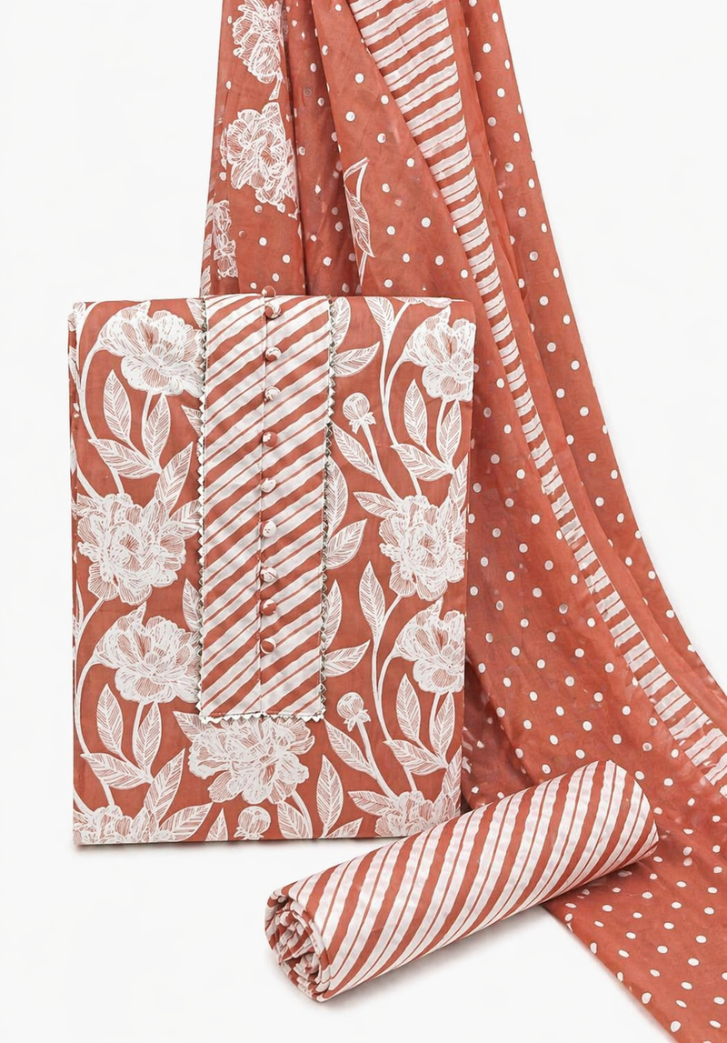Morden Super Rust Floral Printed Cotton Kurta Set with Striped Pants & Dupatta