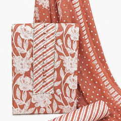 Morden Super Rust Floral Printed Cotton Kurta Set with Striped Pants & Dupatta