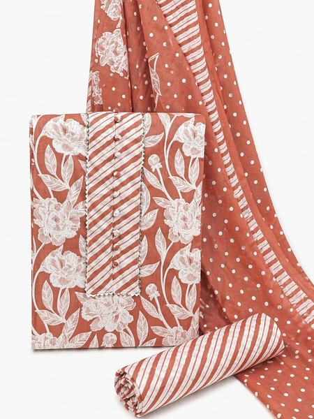 Morden Super Rust Floral Printed Cotton Kurta Set with Striped Pants & Dupatta