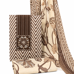 Morden Super Classic Brown Chevron Printed Suit Set with Embroidered Panel & Floral Dupatta