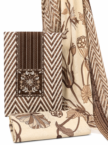 Morden Super Classic Brown Chevron Printed Suit Set with Embroidered Panel & Floral Dupatta