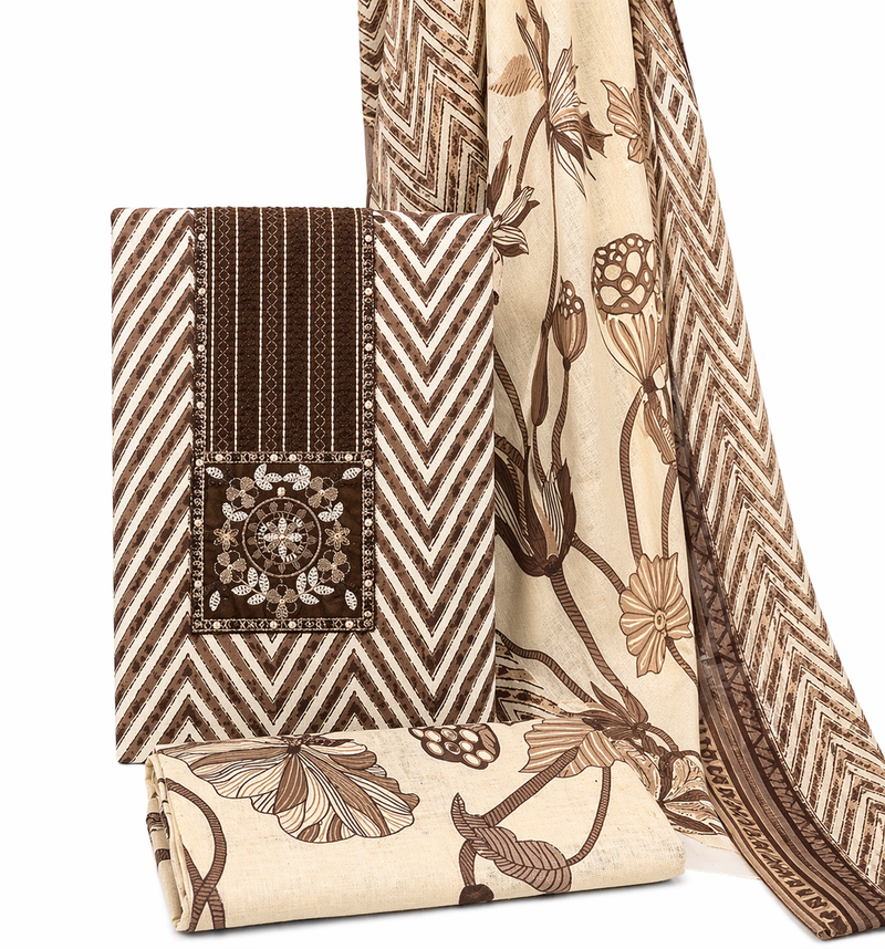 Morden Super Classic Brown Chevron Printed Suit Set with Embroidered Panel & Floral Dupatta