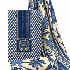 Morden Super Royal Blue Chevron Printed Suit Set with Embroidered Panel & Floral Dupatta