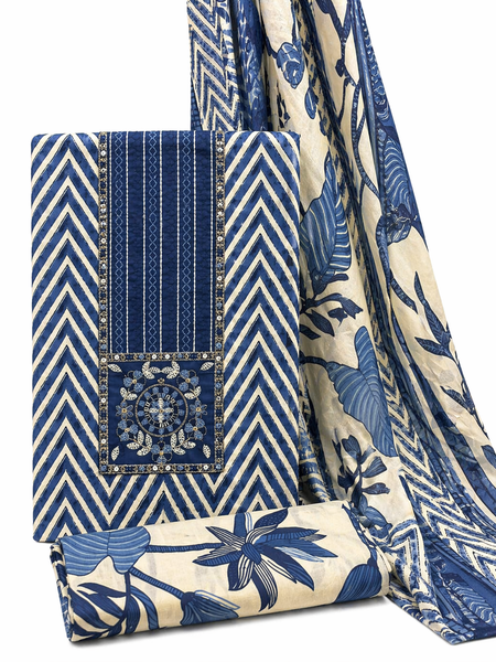 Morden Super Royal Blue Chevron Printed Suit Set with Embroidered Panel & Floral Dupatta