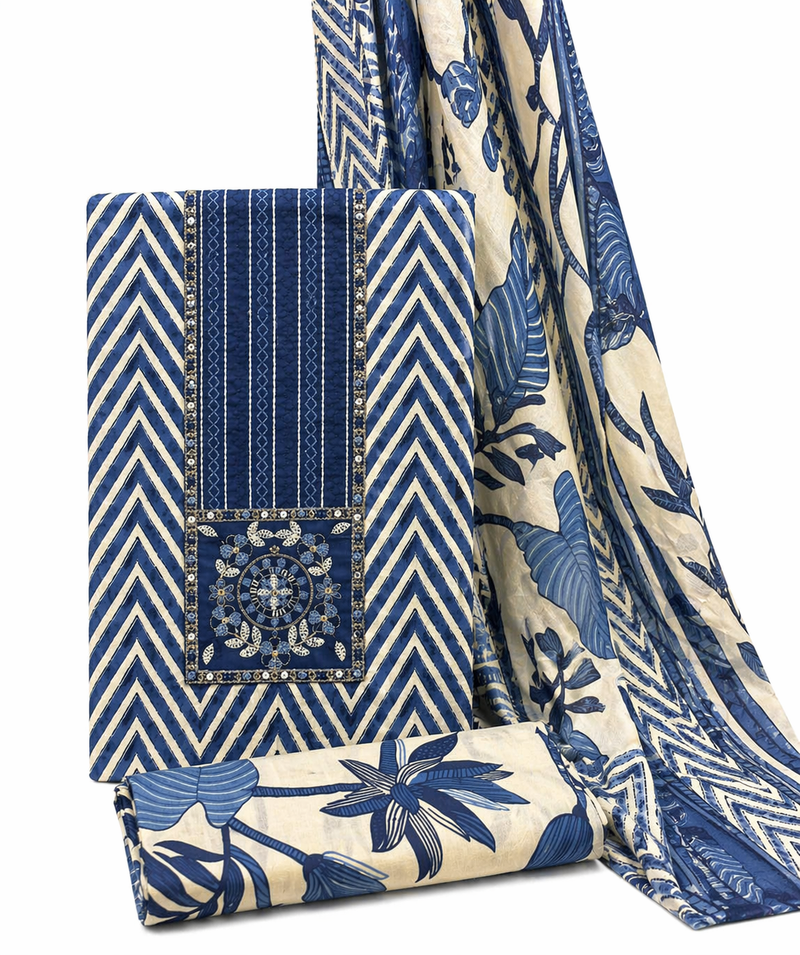 Morden Super Royal Blue Chevron Printed Suit Set with Embroidered Panel & Floral Dupatta