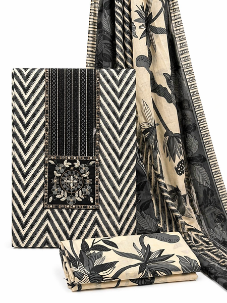 Morden Super Black & Beige Printed Dress Material with Chevron Pattern and Floral Dupatta