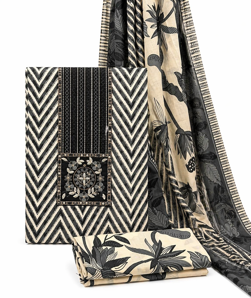 Morden Super Black & Beige Printed Dress Material with Chevron Pattern and Floral Dupatta