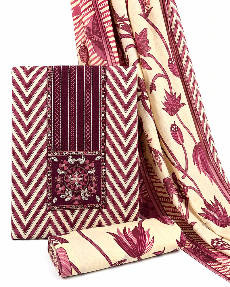 Morden Super Maroon & Beige Printed Dress Material with Floral Motifs and Chevron Design
