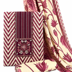 Morden Super Maroon & Beige Printed Dress Material with Floral Motifs and Chevron Design