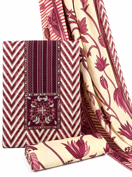 Morden Super Maroon & Beige Printed Dress Material with Floral Motifs and Chevron Design