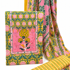 Morden Super Yellow Floral Printed Cotton Unstitched Suit Set with Dupatta