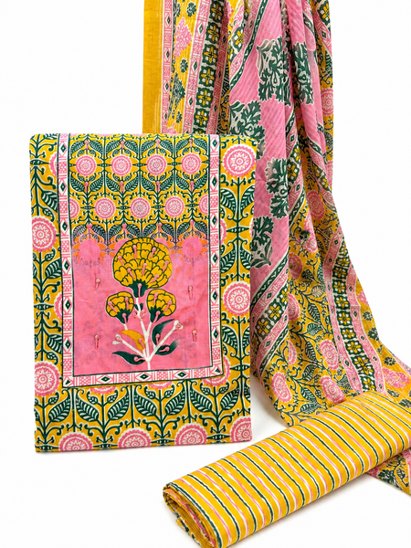 Morden Super Yellow Floral Printed Cotton Unstitched Suit Set with Dupatta