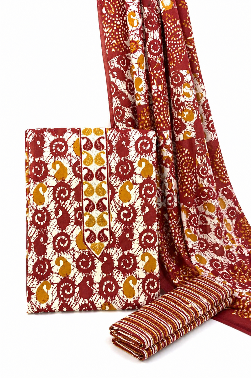 Morden Super Maroon Batik Printed Cotton Unstitched Suit Set with Dupatta