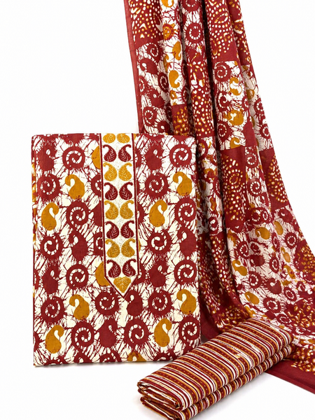 Morden Super Maroon Batik Printed Cotton Unstitched Suit Set with Dupatta