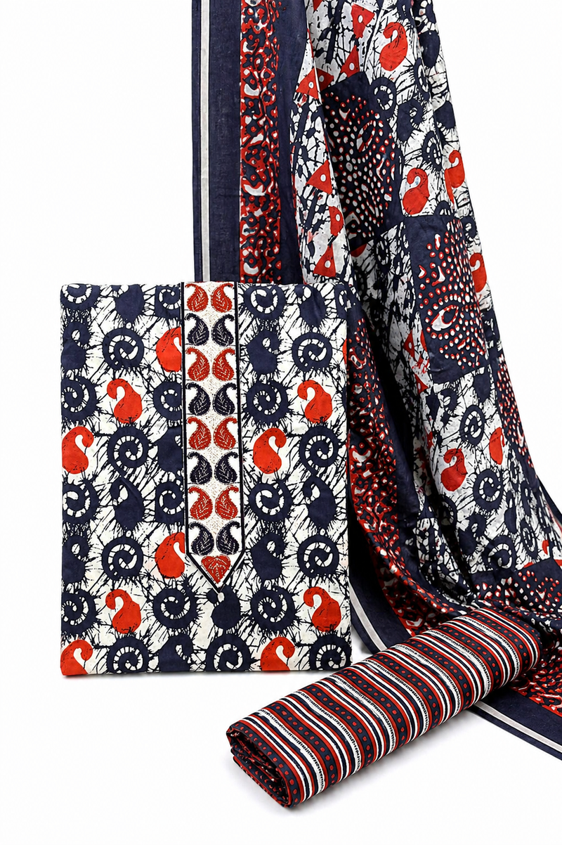 Morden Super Navy Blue Batik Printed Cotton Unstitched Suit Set with Dupatta