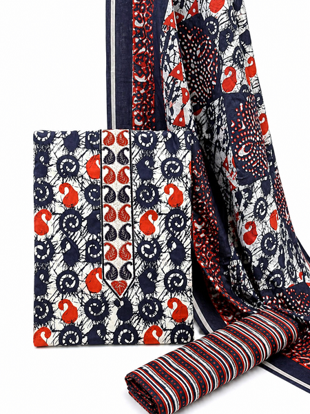 Morden Super Navy Blue Batik Printed Cotton Unstitched Suit Set with Dupatta