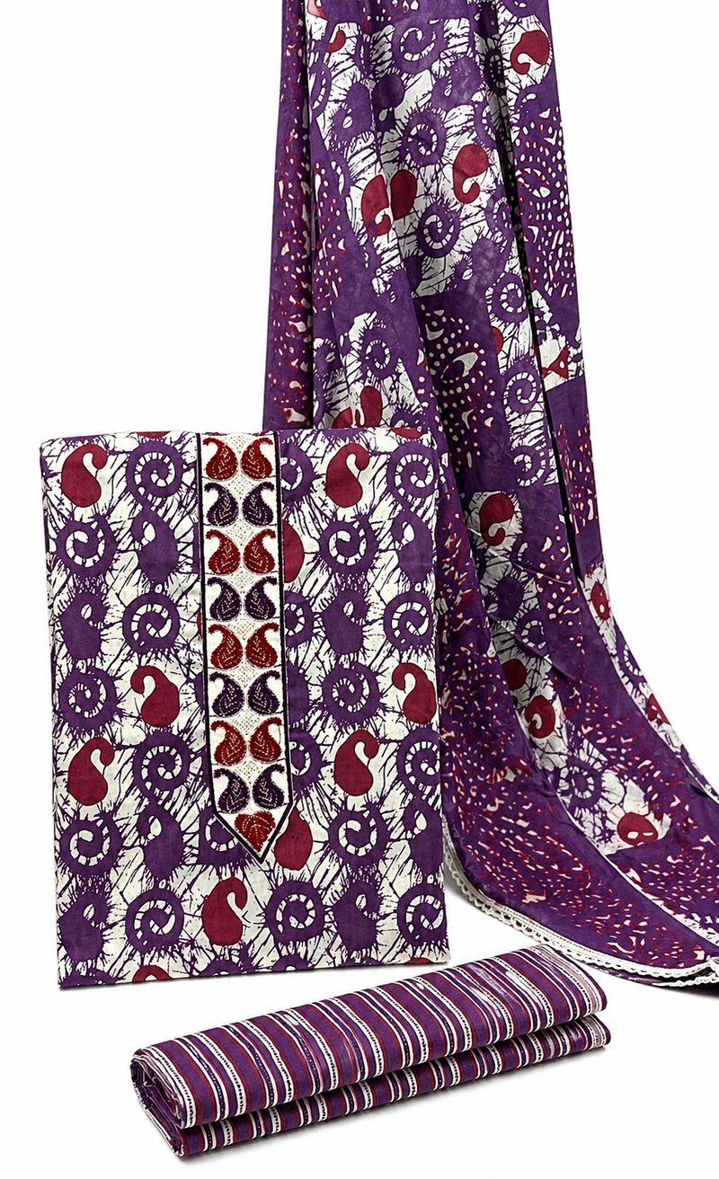 Morden Super Purple Batik Printed Cotton Unstitched Suit Set with Dupatta