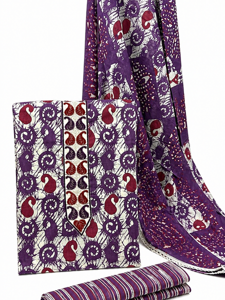 Morden Super Purple Batik Printed Cotton Unstitched Suit Set with Dupatta