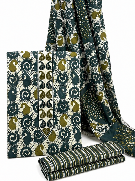 Morden Super Teal Green Batik Printed Cotton Unstitched Suit Set with Dupatta