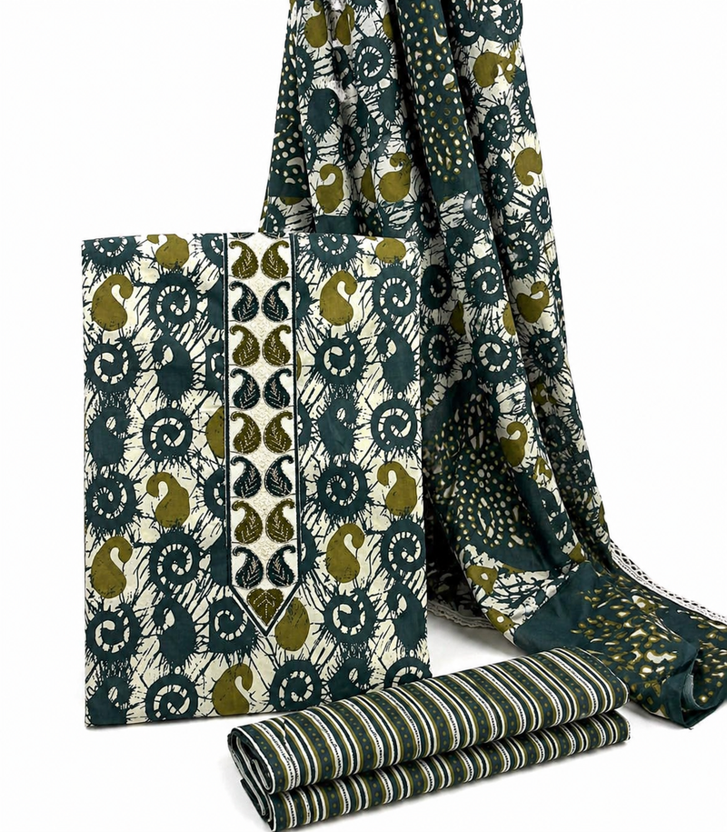 Morden Super Teal Green Batik Printed Cotton Unstitched Suit Set with Dupatta