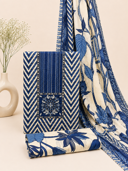 Morden Super Royal Blue Chevron Printed Suit Set with Embroidered Panel & Floral Dupatta