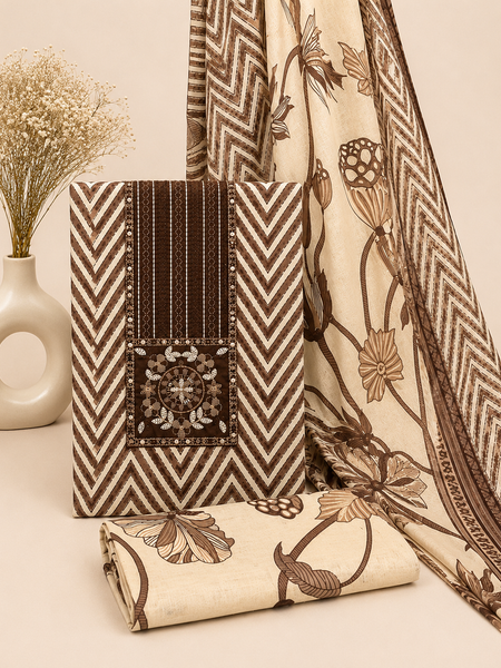 Morden Super Classic Brown Chevron Printed Suit Set with Embroidered Panel & Floral Dupatta