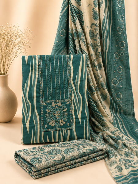 Morden Super Teal Printed Cotton Suit Set with Embroidered Kurta, Floral Dupatta & Bottom
