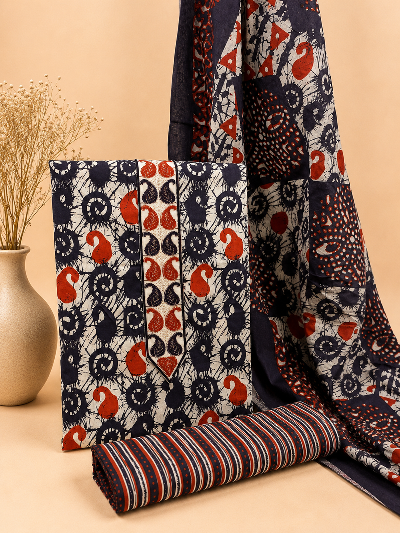 Morden Super Navy Blue Batik Printed Cotton Unstitched Suit Set with Dupatta