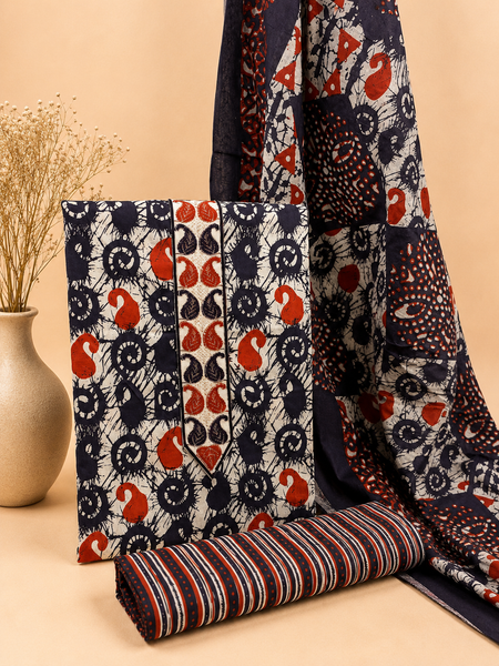 Morden Super Navy Blue Batik Printed Cotton Unstitched Suit Set with Dupatta
