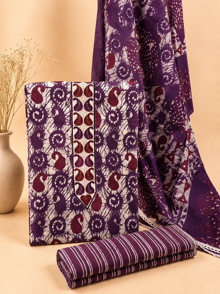 Morden Super Purple Batik Printed Cotton Unstitched Suit Set with Dupatta