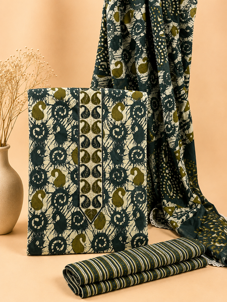 Morden Super Teal Green Batik Printed Cotton Unstitched Suit Set with Dupatta