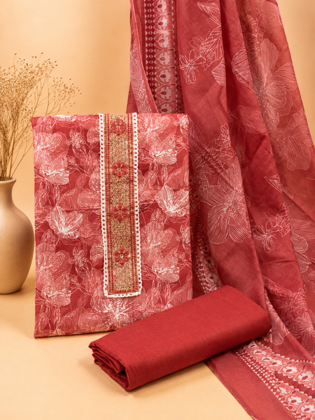 Morden Super Rust Red Floral Printed Cotton Kurta Set with Embroidered Neck Panel & Dupatta