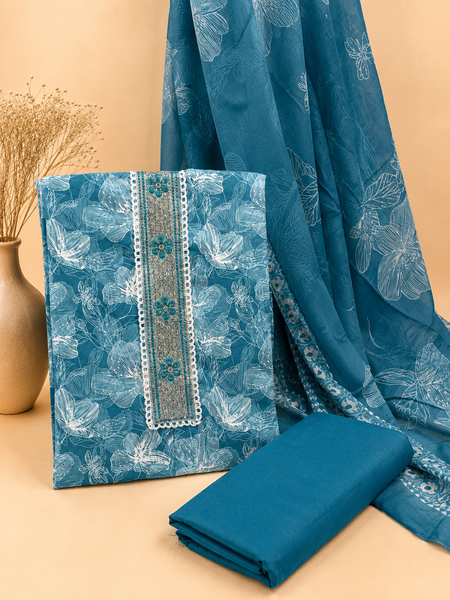 Morden Super Teal Blue Floral Printed Cotton Kurta Set with Embroidered Neck Panel & Dupatta