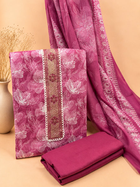 Morden Super Wine Pink Floral Printed Cotton Kurta Set with Embroidered Neck Panel & Dupatta