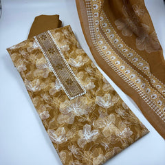 Morden Super Mustard Yellow Floral Printed Cotton Kurta Set with Embroidered Neck Panel & Dupatta