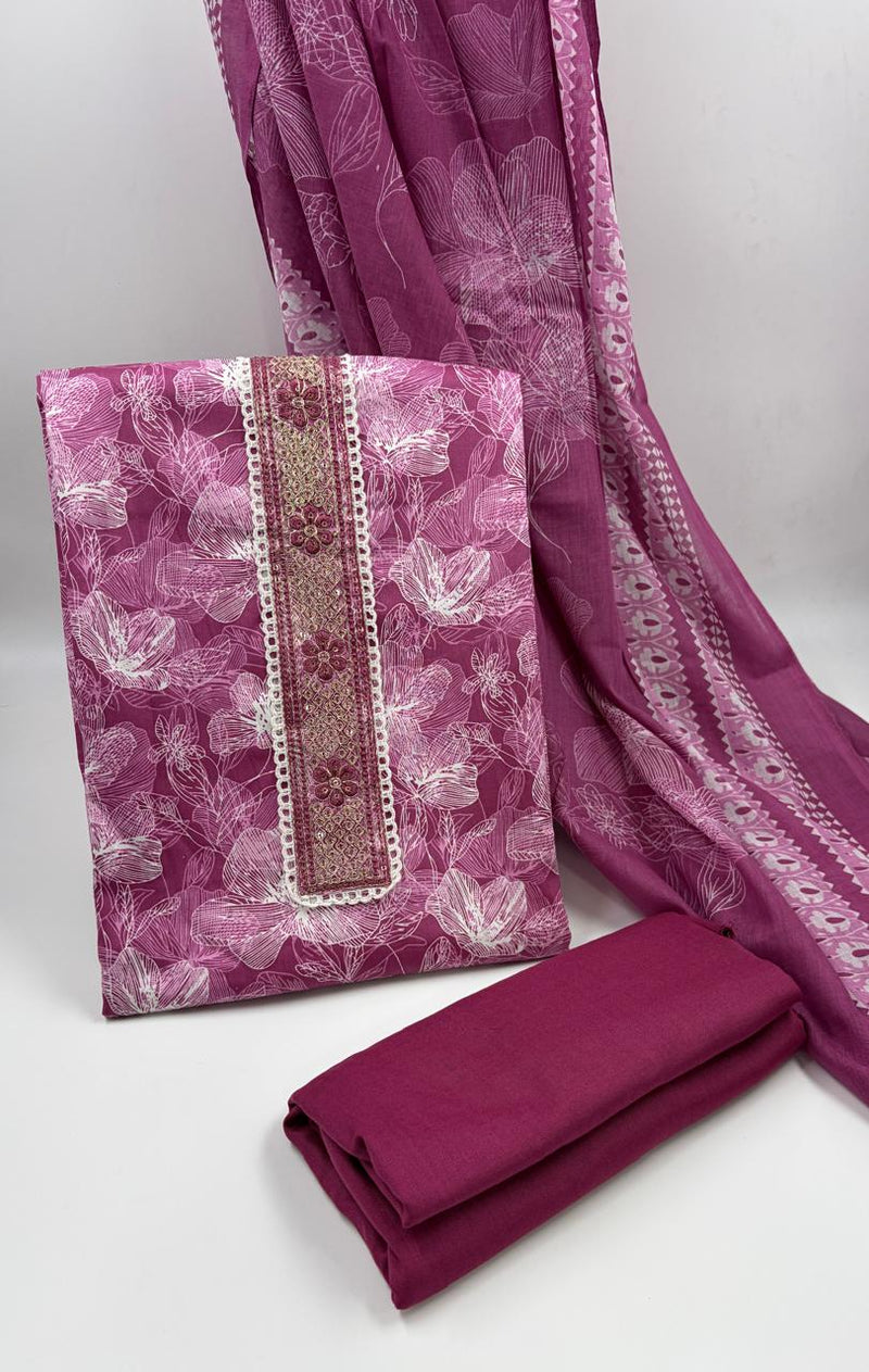 Morden Super Wine Pink Floral Printed Cotton Kurta Set with Embroidered Neck Panel & Dupatta
