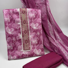 Morden Super Wine Pink Floral Printed Cotton Kurta Set with Embroidered Neck Panel & Dupatta
