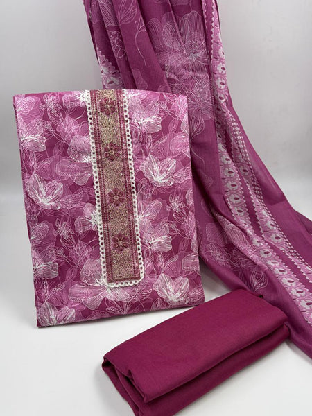 Morden Super Wine Pink Floral Printed Cotton Kurta Set with Embroidered Neck Panel & Dupatta
