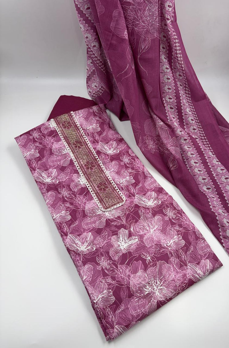 Morden Super Wine Pink Floral Printed Cotton Kurta Set with Embroidered Neck Panel & Dupatta